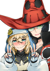  1boy age_difference androgyne_symbol aqua_eyes black_choker black_gloves black_hair blonde_hair blush bridget choker double_v female fingerless_gloves gloves green-tinted_eyewear green_eyes guilty_gear guilty_gear_strive habit hat heterochromia hood hood_up hooded_jacket hoodie i-no implied_sex jacket long_hair long_sleeves looking_at_viewer medium_hair mole mole_above_mouth nose_blush onee-shota open_clothes open_hoodie otoko_no_ko puffy_long_sleeves puffy_sleeves red_headwear red_leather red_lips short_hair smile straight sunglasses takuteks tinted_eyewear v venus_symbol witch_hat yellow_eyes 