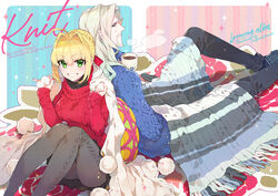  1boy ahoge aran_legwear aran_sweater back-to-back beard black_pants black_skirt blonde_hair blue_eyes blue_hair blue_legwear blue_nails blue_sweater blush bow braid breasts cable_knit character_name commentary_request cup facial_hair fate/apocrypha fate/extra fate_(series) female fringe_trim gradient_hair green_eyes grey_legwear grin hair_between_eyes hair_bun hair_intakes hairbow highres holding holding_cup koshiro_itsuki light_brown_hair long_hair looking_at_viewer medium_breasts moustache multicolored_hair nail_polish nero_claudius_(fate) nero_claudius_(fate/extra) pants pantyhose photoshop_(medium) pleated_skirt profile red_bow red_sweater ribbed_legwear ribbed_sweater single_hair_bun sitting skirt smile socks steam sweater vlad_iii_(fate/apocrypha) 