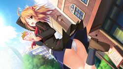  ;d ahoge arm_up black_jacket black_socks blonde_hair blue_skirt blue_sky bow bowtie brown_eyes brown_footwear cameltoe cloud crepe day dutch_angle female food game_cg grey_sweater hair_between_eyes hair_ornament hairband hatozuki_tsumiki holding holding_food jacket kitagawa_akari kneehighs leotard long_hair long_sleeves looking_at_viewer looking_back miniskirt one_eye_closed open_clothes open_jacket outdoors panties pantyshot pleated_skirt red_bow red_bowtie red_hairband skirt sky smile socks solo soukoku_no_arterial sunlight sweater underwear white_panties 