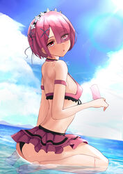  :o absurdres bikini eyes_visible_through_hair female food from_side hair_ornament hair_over_one_eye highres holding holding_food looking_at_viewer pink_bikini pink_hair popsicle ram_(re:zero) re:zero_kara_hajimeru_isekai_seikatsu relpama short_hair sitting sky solo swimsuit wariza water wet x_hair_ornament 