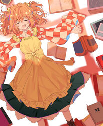  apron bell book brown_footwear character_name checkered_clothes checkered_kimono checkered_shirt class_mate closed_eyes clothes_writing commentary female frilled_skirt frills hair_bell hair_ornament japanese_clothes jingle_bell kimono long_sleeves motoori_kosuzu open_mouth orange_hair outstretched_arms shirt short_hair skirt symbol-only_commentary touhou twintails two_side_up wide_sleeves yellow_apron 