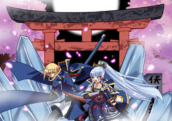  1boy aqua_eyes armor battle blazblue blonde_hair blood blue_eyes breastplate cape cherry_blossoms crossover eien_no_kurayami female fighting_stance fog genshin_impact highres ice japanese_clothes jin_kisaragi kamisato_ayaka kamisato_clan_(emblem) katana military military_uniform petals ribbon shrine skirt sword uniform vs weapon white_hair 