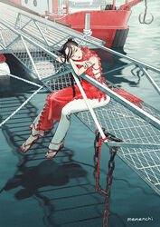  aburage_(motimotigg20) bare_shoulders black_hair boat braid chains double_bun female frills full_body hair_bun highres looking_at_viewer original outdoors pants red_footwear red_lips red_nails rope sandals shadow signature sitting sleeveless solo twin_braids water watercraft white_pants 