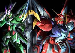  absurdres anchor_(mobile_suit) black_background clenched_hand crossbone_gundam crossbone_gundam_dust crossbone_gundam_ghost glowing glowing_eyes green_eyes gundam highres looking_down mecha no_humans over_shoulder phantom_gundam robot science_fiction skull tyuuboutyauyo v-fin yellow_eyes 