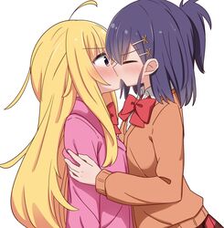  2girls ahoge bad_id bad_pixiv_id black_hair blonde_hair blush bow closed_eyes gabriel_dropout gabriel_tenma_white hair_ornament highres jacket kissing long_hair looking_at_another medium_hair miruzawa_akechi multiple_girls ponytail purple_eyes school_uniform simple_background upper_body vignette_tsukinose_april white_background x_hair_ornament yuri 