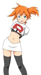  arms_behind_back ass_visible_through_thighs contrapposto cosplay crop_top female jessie_(pokemon) jessie_(pokemon)_(cosplay) kasumi_(pokemon) looking_at_viewer midriff monousa navel open_mouth orange_hair pokemon pokemon_(anime) pokemon_(classic_anime) short_hair side_ponytail simple_background skirt smile solo team_rocket team_rocket_uniform thighhighs white_background 