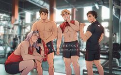  4boys abs alternate_costume alternate_muscle_size ass bara black_shorts blush bokuto_koutarou frown grin haikyuu!! holding holding_clothes holding_shirt iwaizumi_hajime large_pectorals maddox_rider male_focus mirror mirror_image miya_atsumu multiple_boys muscular muscular_male navel nipples one_eye_closed pectorals pointing pointing_at_self red_shirt red_tank_top selfie shirt short_hair shorts sideburns smile smug stomach sweat tank_top thighs tied_sleeves toned toned_male topless_male ushijima_wakatoshi v wiping_sweat 