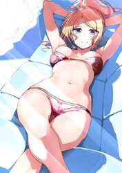  arms_behind_head arms_up bare_legs bikini blonde_hair blue_eyes bow bow_bikini breasts commentary_request couch crossed_legs feet_out_of_frame female harukana_receive highres light_rays looking_at_viewer lying medium_breasts navel nyoijizai on_back pink_bikini ponytail smile solo sunbeam sunlight swimsuit thomas_claire wooden_floor 