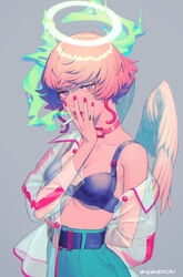  aburage_(motimotigg20) angel angel_wings aqua_pants arm_behind_back belt black_bra bra breasts choker cigarette cowboy_shot earrings feathered_wings female grey_background halo highres jacket jewelry looking_at_viewer medium_breasts off_shoulder original pants pink_choker pink_hair pink_nails ring see-through see-through_jacket short_hair signature simple_background smoke smoking solo underwear white_wings wings 