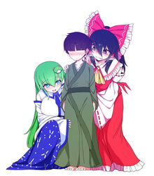  1boy 2girls :p age_difference aqua_eyes barefoot black_hair blue_eyes blue_skirt blush bow brown_hair commentary detached_sleeves faceless faceless_male frilled_bow frills frog_hair_ornament green_hair green_kimono hair_ornament hair_tubes hairbow hakurei_reimu hand_on_another&#039;s_shoulder highres japanese_clothes kimono kochiya_sanae long_hair long_skirt looking_at_another multiple_girls nontraditional_miko onee-shota red_bow red_skirt shirt skirt sleeveless sleeveless_shirt straight symbol-only_commentary tongue tongue_out touhou wide_sleeves yassy 