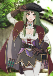  ascot belt biolo_(ragnarok_online) black_belt black_hat black_skirt blue_brooch blurry blurry_background blush bow breasts brown_belt brown_cape brown_gloves cabbie_hat cape cleavage closed_mouth commentary_request cowboy_shot female gloves gold_trim green_eyes green_hair hand_on_own_hip hat highres long_hair looking_at_viewer love_misery medium_bangs medium_breasts miniskirt pantyhose pouch ragnarok_online red_bow shirt sidelocks skirt smile solo thigh_pouch tree vial white_ascot white_pantyhose white_shirt wrist_belt 