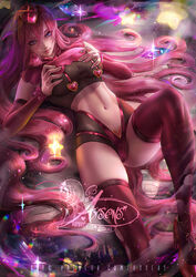  anklet axsen bangs banned_artist blue_eyes breasts closed_mouth detached_sleeves female fishnet_thighhighs fishnets hair_between_eyes hair_ornament heart heart_hair_ornament high_heels highres jewelry kirby kirby_(series) large_breasts long_hair long_sleeves lying midriff navel on_back personification pink_hair pink_lips pink_sleeves pink_thighhighs self_fondle smile solo stomach sunlight thighhighs very_long_hair watermark 