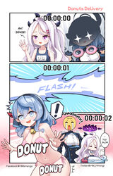  1boy 2girls ako_(blue_archive) blue_archive blush breasts cleavage convenient_censoring cosplay costume_switch crying_emoji demon_horns doughnut emoji english_text food highres hina_(blue_archive) hina_(swimsuit)_(blue_archive) hm_(hmongt) horns meme multiple_girls multiple_horns one-piece_swimsuit purple_horns revealing_clothes sensei_(blue_archive) surprised swimsuit uohhhhhhhhh!_(meme) 