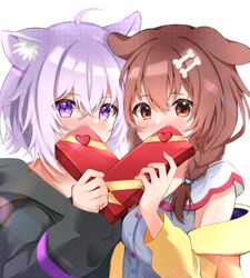  2girls absurdres animal_ear_fluff animal_ears black_hoodie blush bone_hair_ornament box braid breasts brown_eyes brown_hair cat_ears commentary_request covering_own_mouth dog_ears gift gift_box hair_between_eyes hair_ornament highres holding holding_box hololive hood hoodie inugami_korone inugami_korone_(1st_costume) jacket long_sleeves looking_at_viewer medium_breasts multiple_girls nekomata_okayu nekomata_okayu_(1st_costume) off_shoulder open_clothes open_jacket purple_eyes purple_hair shirt takumin_dx virtual_youtuber white_jacket white_shirt 