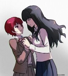  2girls bad_id bad_pixiv_id black_hair blush brown_jacket brown_skirt commentary_request cowboy_shot danganronpa_(series) danganronpa_3_(anime) eye_contact freckles gradient_background hajime_(gitoriokawaii) hope&#039;s_peak_academy_school_uniform jacket koizumi_mahiru long_hair long_sleeves looking_at_another multiple_girls neck_ribbon open_clothes open_jacket pleated_skirt red_hair ribbon satou_(danganronpa) school_uniform shirt short_hair skirt sweatdrop twitter_username white_shirt 