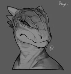  absurd_res anthro argonian bethesda_game_studios bust_portrait chin_spikes deeja facial_spikes female female_anthro florecentmoo frown greyscale hi_res horn microsoft monochrome portrait scalie scowl skyrim solo spikes spikes_(anatomy) the_elder_scrolls 