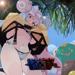  adapted_costume aqua_hair bellibolt bikini blurry blush bow-shaped_hair breasts character_hair_ornament clothes_lift commentary_request day depth_of_field eyelashes female from_below grey_bikini hair_ornament highres iono_(pokemon) jacket jacket_lift kneeling long_hair looking_down navel open_mouth outdoors pink_hair pokemon pokemon_(creature) pokemon_sv rakkogawa_rinro rotom rotom_phone sharp_teeth sky swimsuit teeth twintails yellow_jacket 