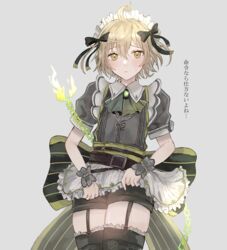  1boy akitama2727 antenna_hair apron black_legwear blush bow closed_mouth crossdressing green_eyes green_hair grey_background grey_shirt hair_between_eyes hairbow looking_at_viewer maid maid_apron maid_headdress male_focus otoko_no_ko pinocchio_(sinoalice) shirt short_hair short_sleeves simple_background sinoalice thighhighs thighs 