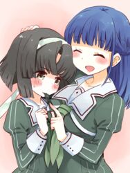  2girls black_hair blue_hair blush braid clenched_hand closed_eyes commentary_request feeding hair_ribbon hairband headpat height_difference heijou_institute_school_uniform koike_saaya medium_hair multiple_girls musumi_kiyoka open_mouth ribbon school_uniform short_hair simple_background sweatdrop takano_natsuki toji_no_miko 