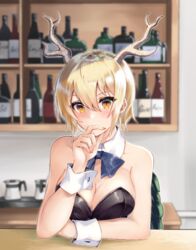  alternate_costume antlers bare_arms bare_shoulders black_leotard blonde_hair blue_bow blue_bowtie bottle bow bowtie breasts brown_eyes cleavage commentary_request cropped detached_collar dragon_girl dragon_horns female fingernails hair_between_eyes hand_on_own_chin hand_up horns indoors kicchou_yachie kurokan_(kokkyou_oudan) leotard looking_at_viewer medium_breasts nail_polish nontraditional_playboy_bunny pink_nails playboy_bunny short_hair solo strapless strapless_leotard touhou turtle_shell upper_body wine_bottle wrist_cuffs yellow_eyes 