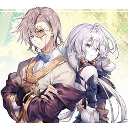  1boy ahoge atelier_(series) atelier_ryza atelier_ryza_1 bare_shoulders black_gloves blue_bow blue_bowtie body_fur bow bowtie breasts collared_shirt commentary crossed_arms empel_vollmer female fingerless_gloves gloves grey_hair hair_between_eyes hair_ornament heterochromia large_breasts lila_decyrus long_hair monocle off_shoulder pink_eyes purple_eyes riichu shirt star_(symbol) star_hair_ornament 