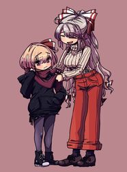  2girls adapted_costume adjusting_another&#039;s_clothes adjusting_scarf awa_(bihidasu) beige_sweater black_footwear black_hoodie blonde_hair bow breasts brown_footwear brown_legwear closed_eyes commentary fujiwara_no_mokou full_body grey_hair hair_ribbon hairbow hand_in_pocket hand_up high_tops hood hoodie long_hair long_sleeves looking_at_viewer medium_breasts multiple_girls open_mouth pantyhose pink_background red_bow red_eyes red_ribbon red_scarf ribbed_sweater ribbon rumia scarf shoes short_hair simple_background smile sneakers suspenders sweater symbol-only_commentary touhou turtleneck underwear white_bow 