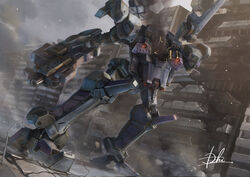  armored_core armored_core_3 city gun headless holding holding_gun holding_weapon hukutuuprunes leaning_forward mecha mecha_focus missile_pod missing_limb no_humans robot ruins science_fiction signature smoke solo weapon 