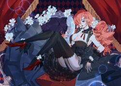  bow breasts choker cleavage commission commissioner_upload couch female flower full_body hand_fan large_breasts open_mouth original red_eyes red_footwear red_hair scarlet_destiny silvertang smile solo thighs 