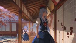  2girls :d ^_^ absurdres bad_id bad_pixiv_id blue_bow blue_hair blue_skirt blue_vest bow cirno clenched_hands closed_eyes commentary_request cowboy_shot hand_up hat highres holding ice ice_wings kamishirasawa_keine long_hair mikado_(winters) multiple_girls neck_ribbon neckerchief open_mouth puffy_short_sleeves puffy_sleeves red_eyes red_neckerchief red_ribbon ribbon shirt short_sleeves sidelocks skirt skirt_set smile standing touhou very_long_hair vest white_shirt wings 