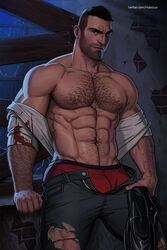  1boy abs arm_hair bad_id bad_twitter_id bara black_hair black_jacket black_pants blood blood_on_clothes chest_hair closed_mouth david_king_(dead_by_daylight) dead_by_daylight eyebrow_cut facial_hair highres holding holding_clothes holding_jacket jacket large_pectorals male_focus male_underwear male_underwear_peek manly marcus_(rnarccus) muscular muscular_male navel nipples open_clothes open_pants open_shirt pants pectorals red_male_underwear scar scar_on_face scar_on_nose shirt short_hair smile solo twitter_username undercut underwear unworn_jacket white_shirt 