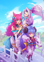  1boy 2girls ahoge ahri_(league_of_legends) animal_ears artist_name bare_shoulders bell boots breasts cleavage day food fox_ears fox_tail green_ribbons grey_hair grin hair_bell hair_ornament hair_ribbon height_difference holding japanese_clothes kimono kindred_(league_of_legends) knee_boots lamb_(league_of_legends) league_of_legends long_hair multiple_girls multiple_tails neck_ribbon no_mask outdoors parted_bangs pink_eyes pink_hair ponytail ribbon smile spirit_blossom_(league_of_legends) spirit_blossom_ahri spirit_blossom_kindred spirit_blossom_yasuo tail teeth tongue tongue_out upper_teeth_only vmat wolf_(league_of_legends) yasuo_(league_of_legends) 