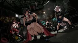  4girls absurdres akagi_(azur_lane) alternate_costume animal_ears azur_lane bare_shoulders bass_guitar black_hair blue_eyes blush bow breasts brown_eyes brown_hair cigarette cleavage closed_mouth commentary_request dress drum drum_set electric_guitar fox_ears fox_tail guitar hair_between_eyes hair_flaps hair_ornament hairbow hakama hakama_short_skirt hakama_skirt heavy_metal highres huge_breasts instrument japanese_clothes kaga_(azur_lane) kimono laing lamp large_breasts long_hair looking_at_viewer multiple_girls multiple_tails music playing_instrument pleated_skirt ponytail red_eyes short_hair side_ponytail sitting skirt smile taihou_(azur_lane) tail takao_(azur_lane) twintails very_long_hair white_hair 