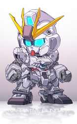  blue_eyes character_name chibi clenched_hands glowing glowing_eyes gradient_background gundam gundam_narrative highres looking_to_the_side mecha narrative_gundam no_humans reflection robot science_fiction solo standing susagane v-fin 