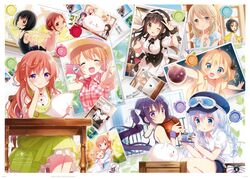  &gt;_&lt; 6+girls :d ;d absurdres anko_(gochiusa) aoyama_blue_mountain apron aqua_eyes arms_up artist_name ball baseball_cap basketball basketball_(object) black_hair black_ribbon black_skirt blue_eyes blue_headwear blunt_bangs blush bow brown_eyes brown_hair camera collared_shirt dancing dress dress_shirt facing_viewer finger_to_mouth fleur_de_lapin_uniform flower gochuumon_wa_usagi_desu_ka? goggles goggles_on_head green_dress green_eyes grey_hair grin hair_flower hair_ornament hair_ribbon hairbow hat highres holding holding_camera hoto_cocoa hug index_finger_raised jouga_maya kafuu_chino kirima_syaro koi_(koisan) long_hair looking_at_viewer looking_back maid_headdress mate_rin multiple_girls natsu_megumi non-web_source official_art one_eye_closed open_mouth outstretched_arms photo_background pinafore_dress plaid plaid_shirt purple_eyes purple_hair red_eyes red_hair ribbon shirt short_hair shushing skirt sleeveless sleeveless_dress sleeveless_shirt smile sun_hat swept_bangs table tedeza_rize tippy_(gochiusa) ujimatsu_chiya v very_long_hair waist_apron white_apron white_bow white_flower white_legwear white_shirt wing_collar wrist_cuffs 