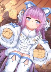  animal_ears azur_lane blue_eyes blush coat cookie dress fake_animal_ears female food fur_trim hair_ornament hair_ribbon highres long_hair long_sleeves looking_at_viewer lying manjuu_(azur_lane) minertime on_back purple_hair ribbon sleeves_past_wrists smile solo sweater tashkent_(azur_lane) thighhighs very_long_hair white_coat white_thighhighs winter_clothes 