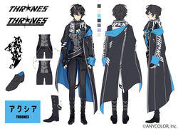  1boy axia_krone axia_krone_(1st_costume) bad_id bad_twitter_id black_coat black_footwear black_gloves black_nails black_pants black_scarf blue_eyes coat color_guide fingerless_gloves gloves hair_between_eyes hand_on_own_hip highres kurono_yuu looking_at_viewer male_focus multiple_views nijisanji official_art pants pilot_suit reference_sheet scarf science_fiction smile straight-on turnaround virtual_youtuber white_background 