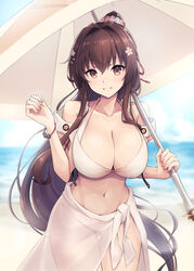  beach beach_umbrella bikini blue_sky breasts brown_eyes brown_hair cleavage collarbone commentary day female flower grin hair_flower hair_intakes hair_ornament highres kantai_collection kodama_(mmt_uf) large_breasts long_hair looking_at_viewer navel ocean official_alternate_costume outdoors ponytail sarong sidelocks sky smile solo stomach swimsuit thighs umbrella white_bikini yamato_(kancolle) yamato_kai_ni_(kancolle) 