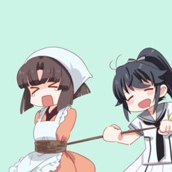  &gt;_&lt; 2girls ahoge apron ayanokouji_martial_arts_school_uniform black_hair blush_stickers bound brown_hair closed_eyes commentary_request crying drooling hair_ornament hair_ribbon long_hair lowres multiple_girls musumi_kiyoka open_mouth ponytail pulling ribbon school_uniform short_hair simple_background takano_natsuki tears tied_up_(nonsexual) toji_no_miko yamashiro_yui 