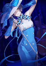  arm_up armpits bare_shoulders black_eyes black_hair blue_bow blue_gloves blue_ribbon blurry blurry_background bow breasts cello checkered_neckerchief closed_mouth commentary dress dutch_angle earrings elbow_gloves english_text female gloves hand_on_own_head hat hat_bow highres holding holding_microphone instrument jewelry kaoming light_particles lips medium_breasts microphone microphone_stand mixed-language_commentary neckerchief one_eye_covered paid_reward_available ribbon short_hair sidelocks sleeveless sleeveless_dress smile solo_focus stage standing sun_hat suntory suntory_nomu text_print tilted_headwear two-tone_dress virtual_youtuber white_headwear 