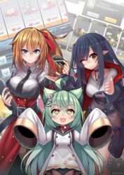  3girls ahoge akashi_(azur_lane) animal_ears arknights azur_lane bell belt bird black_choker black_hair black_jacket black_necktie black_panties black_sailor_collar blue_eyes bow bowtie brand_name_imitation brown_thighhighs buttons card cat_ears chick choker closure_(arknights) coat commentary credit_card crossover diamond_(gemstone) dollar_sign dress english_commentary gem gem_(azur_lane) girls&#039;_frontline glowworm_(azur_lane) green_hair griffin_&amp;_kryuger_military_uniform hair_between_eyes hair_ornament hair_ribbon hairclip highres holding holding_card jacket jingle_bell kalina_(girls&#039;_frontline) kuronekozero long_hair manjuu_(azur_lane) multiple_girls necktie oerba_yun_fang one_eye_closed open_mouth orange_eyes orange_hair originium_(arknights) panties pantyhose pointy_ears print_shirt red_bow red_coat red_gemstone red_ribbon ribbon sailor_collar sailor_dress shirt side_ponytail sleeves_past_fingers sleeves_past_wrists smile t-shirt thighhighs thumbs_up trait_connection twitter_username underwear visa white_dress white_shirt wisdom_cube_(azur_lane) yellow_eyes 