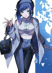  blue_hair bob_cut breasts chains coat crop_top diagonal_bangs earrings female genshin_impact green_eyes grey_coat grey_pants highres jewelry large_breasts long_sleeves looking_at_viewer medium_hair midriff navel nogi_(nokisaki) official_alternate_costume pants pizza_hut single_earring solo yelan_(genshin_impact) yelan_(pizza_hut)_(genshin_impact) 