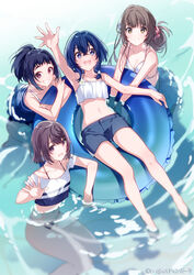  4girls :d afloat arm_up bare_legs bikini blue_hair braid breasts brown_hair cleavage closed_mouth crop_top denim denim_shorts from_above grin innertube kudaka_karin looking_at_viewer looking_up lying marine_day midriff misakino_kukuru miyazawa_fuuka multiple_girls navel ocean on_back open_hand open_mouth outdoors outstretched_arm partially_submerged promotional_art shell_hair_ornament shiroi_suna_no_aquatope short_hair shorts smile standing swim_ring swimsuit teruya_tsukimi u35 wading water waving 