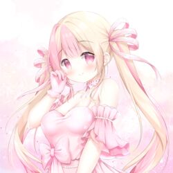  bare_shoulders blonde_hair blush bow breasts cleavage closed_mouth collarbone commentary dress english_commentary female gloves hair_ribbon hand_up highres indie_virtual_youtuber liz&#039;s_(vtuber) long_hair medium_breasts multicolored_hair pink_bow pink_dress pink_eyes pink_gloves pink_hair pink_ribbon renew_vivi ribbon sleeveless sleeveless_dress smile solo twintails two-tone_hair upper_body very_long_hair virtual_youtuber 