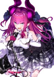  bare_shoulders black_dress blue_eyes blush cable demon_girl demon_horns demon_tail detached_sleeves dress elizabeth_bathory_(fate) elizabeth_bathory_(fate/extra_ccc) elizabeth_bathory_(second_ascension)_(fate) eyebrows fate/extra fate/extra_ccc fate/grand_order fate_(series) female finger_cots frilled_sleeves frills highres holding holding_microphone horns long_hair long_sleeves looking_at_viewer microphone music ninoude_(ninoude44) oerba_yun_fang open_mouth pink_hair pointy_ears singing smile solo standing star_(symbol) tail teeth thighs wrist_cuffs 