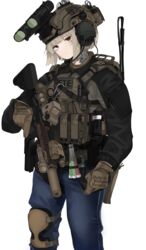  absurdres ammunition_pouch ar-15 assault_rifle black_jacket blonde_hair body_armor brand_name_imitation brown_gloves closed_mouth combat_helmet denim eotech feet_out_of_frame female fte_(fifteen_199) gloves glowstick gun headset helmet highres holding holding_gun holding_weapon jacket jeans knee_pads long_sleeves looking_at_viewer m4_carbine mechanix_wear military mk_18_carbine neck_tattoo night_vision_device optical_sight original pants pouch red_eyes rifle scissors short_hair solo standing tactical_clothes tattoo tourniquet weapon white_background 