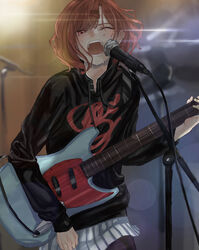  absurdres black_pantyhose brown_hair commentary_request electric_guitar female fender_mustang grey_skirt guitar hair_ornament hairclip highres higuchi_madoka idolmaster idolmaster_shiny_colors instrument microphone microphone_stand mole mole_under_eye music one_eye_closed open_mouth pantyhose playing_instrument pleated_skirt purple_eyes sawatani_(_swt2) short_hair singing skirt solo sweat sweater swept_bangs 