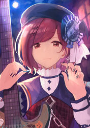  beret black_hat black_nails brown_hair commentary_request female full_moon guitar hair_ornament hairclip halloween hat highres higuchi_madoka idolmaster idolmaster_shiny_colors instrument kadomaki_madoka long_sleeves looking_at_viewer mole mole_under_eye moon night night_sky oerba_yun_fang plectrum purple_eyes sailor_collar short_hair sky solo upper_body 