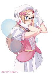  absurdres ankle_boots beret blonde_hair blue_eyes blush boots bow commentary_request commission dress female flower_skirt glasses gloves hair_ornament hair_ribbon hat heart heart_hair_ornament highres long_hair magical_girl nia_jones oregaihanboshi original pink_bow pink_dress ribbon simple_background skeb_commission skirt smile solo sweatdrop transparent_wings white_background white_gloves white_skirt 