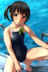  absurdres bare_arms bare_legs bare_shoulders barefoot black_hair black_one-piece_swimsuit blush brown_eyes closed_mouth collarbone commentary_request competition_school_swimsuit day female highres matsunaga_kouyou nose_blush object_in_clothes object_in_swimsuit one-piece_swimsuit original outdoors pool pool_ladder poolside school_swimsuit side_ponytail solo spread_legs swim_cap swimsuit tiptoes unworn_swim_cap water 