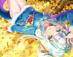  animal_hood arm_up autumn_leaves bad_id bad_pixiv_id blue_eyes blue_hair blue_hoodie blunt_bangs blush commentary fangs female fins fish_tail gawr_gura gawr_gura_(1st_costume) grey_hair hair_ornament highres hololive hololive_english hood hoodie knees_up long_hair long_sleeves looking_at_viewer lying multicolored_eyes multicolored_hair on_back open_mouth pink_eyes shark_girl shark_hood shark_tail sharp_teeth sho_(runatic_moon) smile solo streaked_hair tail teeth two_side_up upside-down virtual_youtuber wide_sleeves 